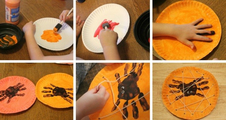 halloween dekorácia deti nápad papierový tanier oranžová handprint bat