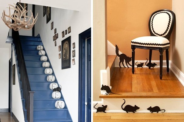 halloween vnútorné schody biele tekvice papierové myšky