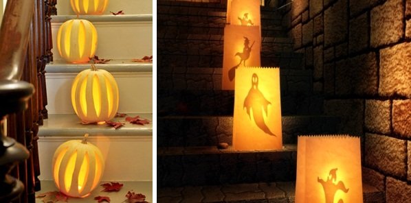 halloween dekorácie schody tekvicové lampióny papierové tašky