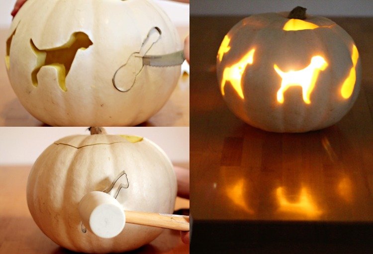 V tekvicovej miske vykrajujte figúrky pomocou foriem na sušienky Šablóny na vyrezávanie halloweenskej tekvice-pes-sušienka-tvary-výrez-dutina