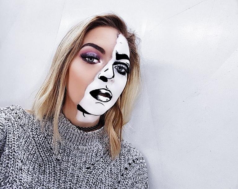 Halloweenske líčenie v čiernej a bielej farbe inšpirované komiksmi