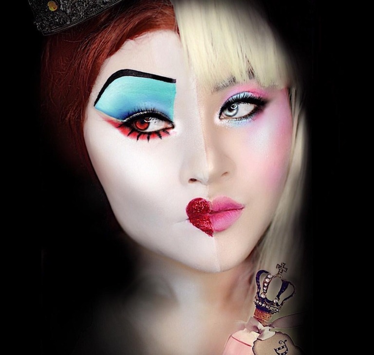 Na polovicu tváre namaľovaná srdcová kráľovná vľavo a Alica v krajine zázrakov vpravo