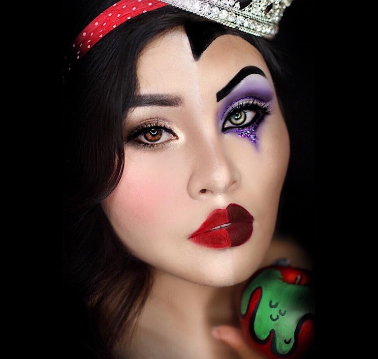 Nápad na líčenie polovice tváre na karneval Snehulienka a nahnevaná macocha