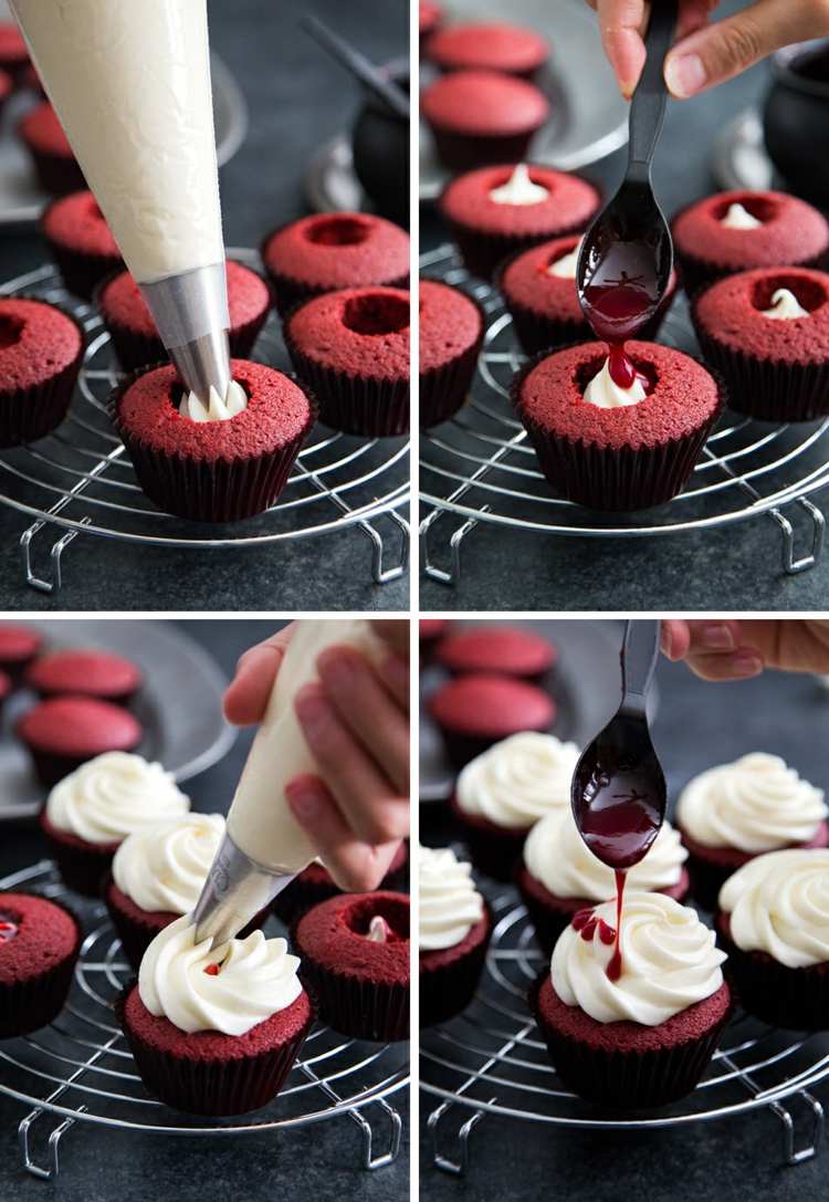krvavá maslová smotana červené zamatové halloweenske muffiny nápady na dekoráciu