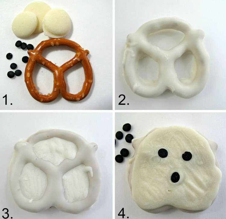 Pokyny Soľ duchov praclíka s bielou čokoládou halloween-party-jedlo-duch-návod-solený praclík-biela-poleva