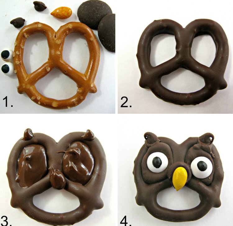 Praclík namáčame v čokoláde a ozdobíme cukrovými očkami Halloween party jedlo sova-návod-mliečna čokoláda