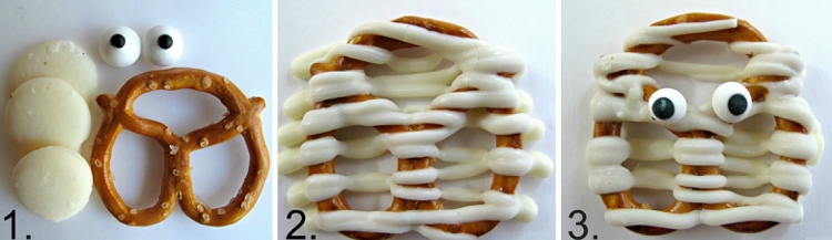 Výroba múmie praclíkov s deťmi halloween-party-jedlo-múmiou solené praclíky-biela-čokoládová-poleva