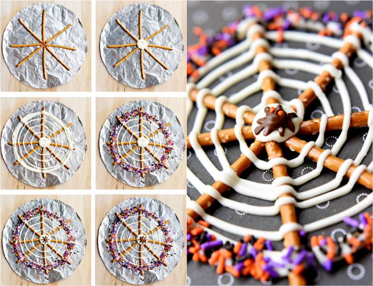 Vytvorte si vlastnú pavučinu z praclíkov halloween party jedlo soľné tyčinky pavučina cukor posype