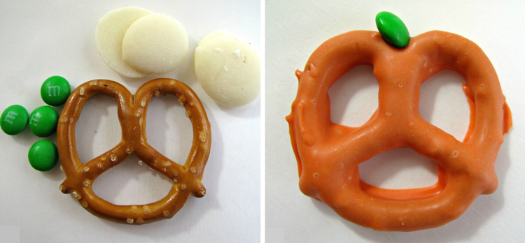 Vyrobte si vlastnú tekvicu z praclíkov halloween party jedlo tekvica praclíky glazúra