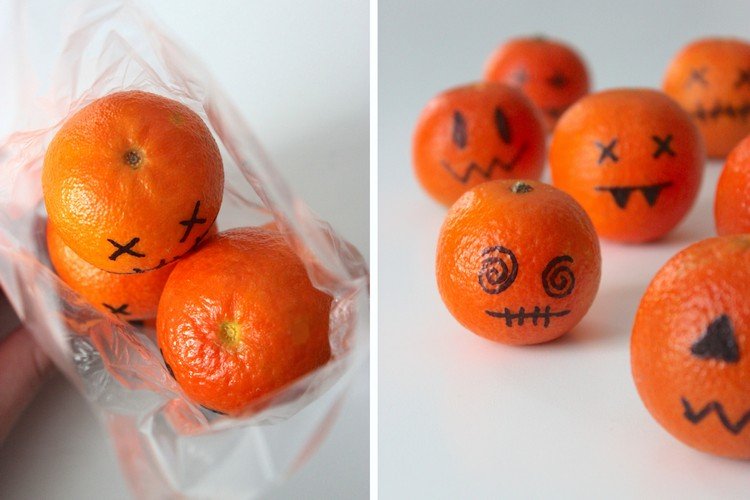 halloween-balenie cukroviniek-vtipné-klementínky-zdobenie-čierne-pero-strašidelné