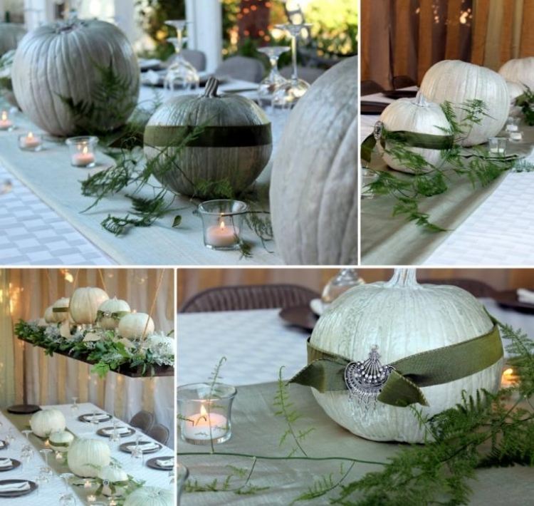 strieborné tekvice pre ušľachtilú dekoráciu stola halloween-dekorácia stolu-tekvica-strieborná-tmavo-zelená-stuha-čajové svetlá-obrus