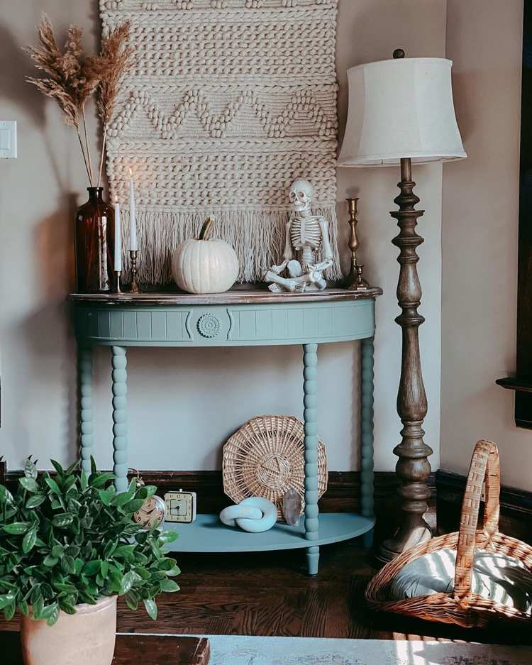 Dekorácie pre boho halloweensku závesnú trávu vo váze a kostrovej figúre