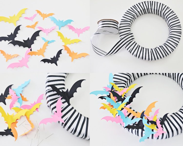 Veniec na dvere z látky a kartónu s motívmi netopierov