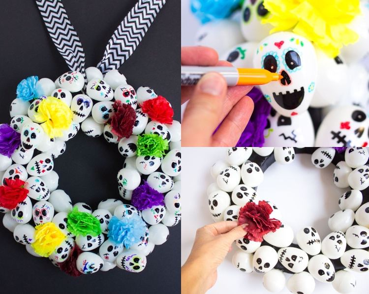 Vyrobte si na Halloween veniec na dvere, vymaľujte lebky a ozdobte látkovými kvetmi