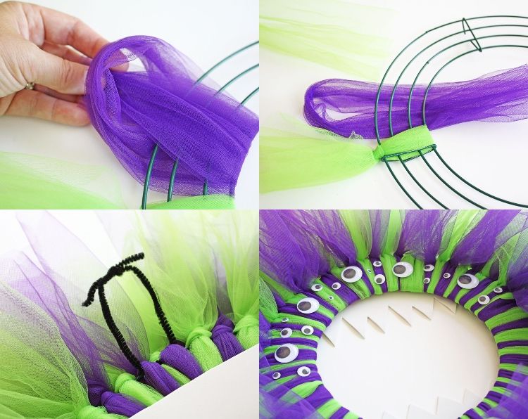 Halloweenská dekorácia s príšerami nápad na dverový veniec vyrobený z látky