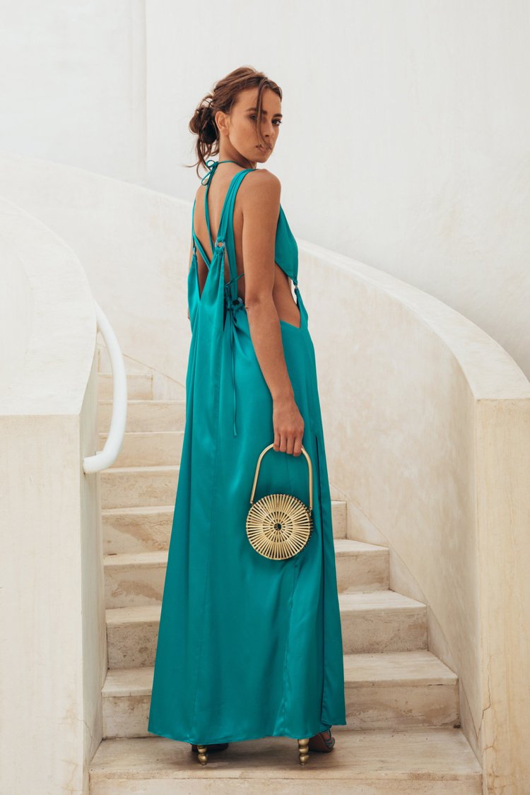 Drevené kabelky svadobný hosť letná párty maxi šaty tyrkysové bez chrbta