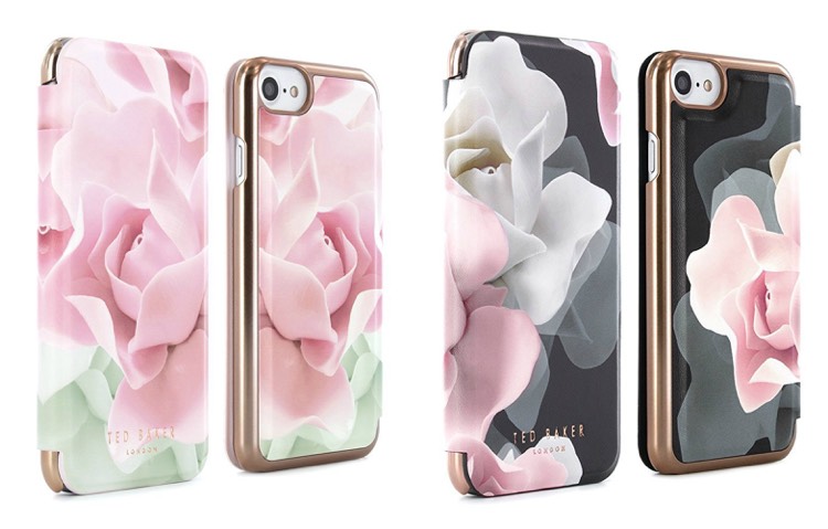 Puzdro na mobilný telefón s integrovaným zrkadlom na make-up obal na mobil-nový-iphone7-puzdro-zrkadlo-motív kvetov-zlatý rám