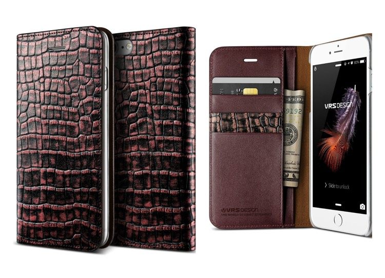 Kožené puzdro na mobilný telefón v krokodílej koži s integrovanou peňaženkou obal na mobilný telefón-nový-iphone7-koža-krokodýľ-optika-červeno-čiernej farby