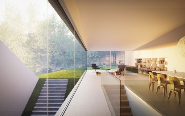 sklenený dom podľa lesného rohu a Jacoba jednoduchý interiér