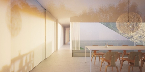 sklenený dom od rohoviny a Jacoba posuvné dvere zatvorené