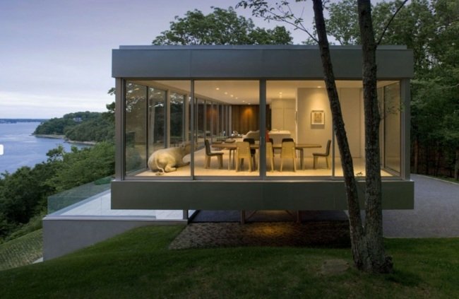 Dream home sklenená oceľová pobrežná jedáleň Oceľové pobrežie osvetlenie jedálne fasády les