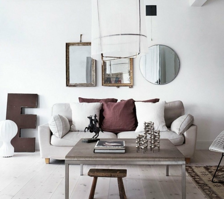 Dizajn domu v shabby chic - obývačka v škandinávskom štýle dizajn domu do obývačky v ošarpanom elegantnom látkovom zrkadle