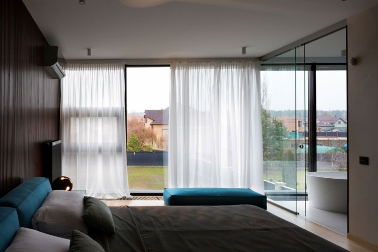 dizajn domu prízvuk polica spálňa šedá monochromatická tyrkysová sklenená stena