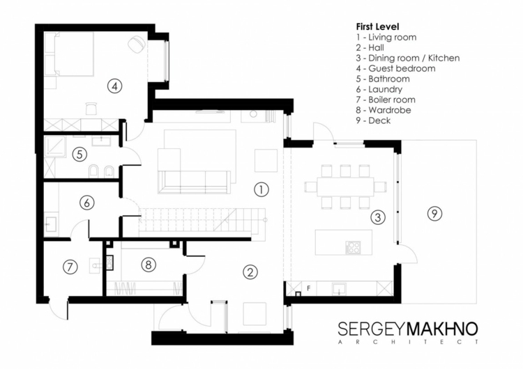 dizajn domu prízvuk polica pôdorys prvé poschodie obytná časť