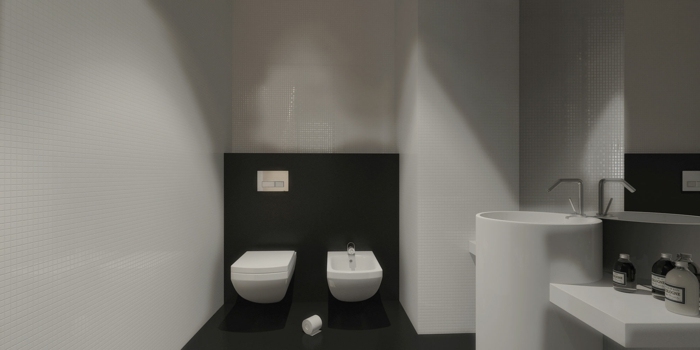 Kúpeľňový dizajn v dome s bielymi mozaikovými dlaždicami kúpeľňa WC umývadlo čierna biela mozaika