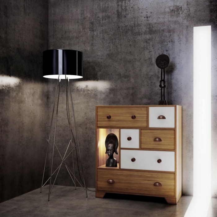 Minimalistický dizajnový nápad v monochromatickom štýle s ľahkou komodou dizajn domu komoda moderná stojanová lampa monochromatická