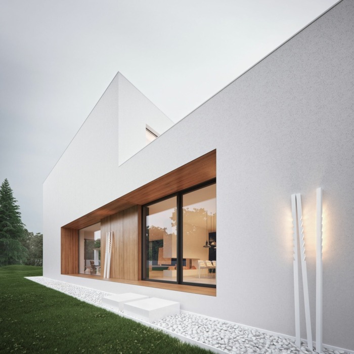 odkvapy pásy biele kamienky terasa obývačka osvetlenie trávnik