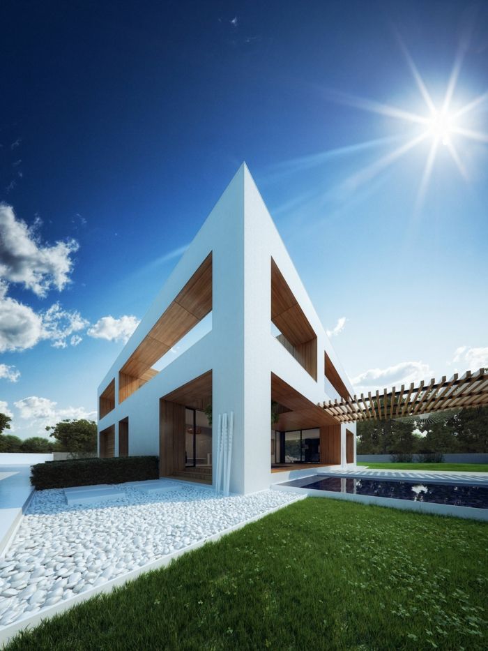 dizajnový dom moderný kamienok biele kamene trávnik