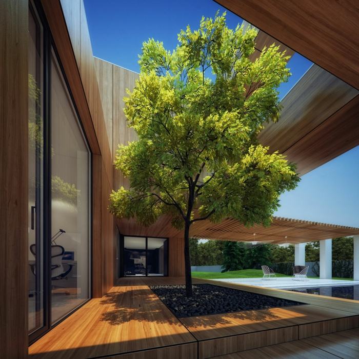 nápad na terasu strom rastliny kamienková čierna drevená podlaha