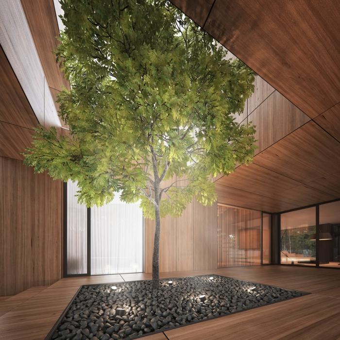 terasa drevo strom oblázky čierna