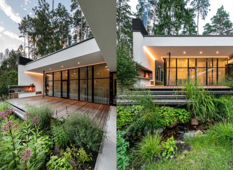 dom so sklenenou prednou fasádou predzáhradka vstupné schody