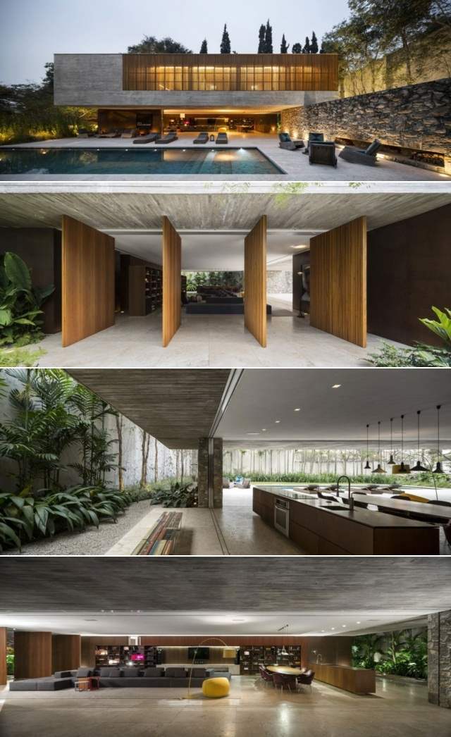 Fasáda veľkoryso glazovaná kamenná stena betónové podlahy glazovaná kamenná stena, betónové podlahy, záhrada