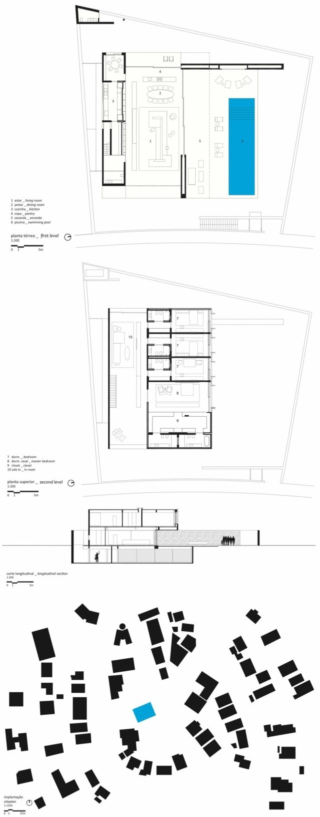 Stavebný plán domu s modernou drevenou fasádou - pohľad zhora a bočný pohľad Plán domu, pôdorys, pohľad zhora