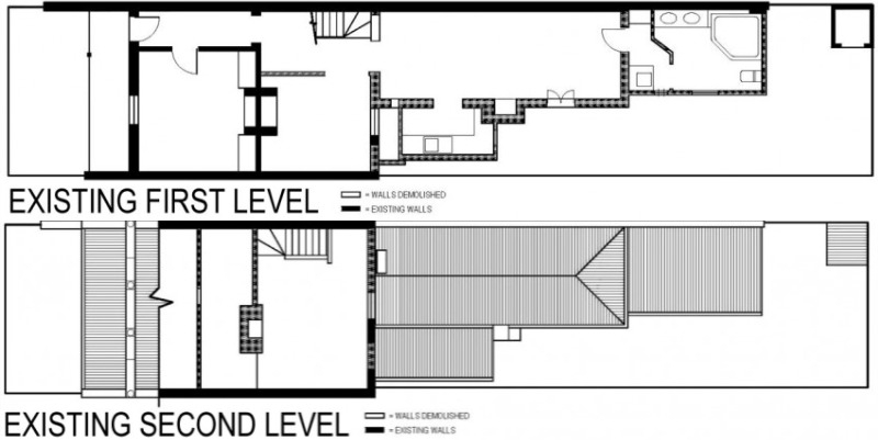 Plán ukazuje pôvodné prvé a druhé poschodie dom-renovovať-prestavať-zväčšiť-architektúra-plán-pôdorys-radový dom-pred