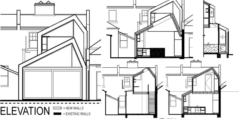 Pôdorys domu - bočný pohľad s rezom dom-renovovať-prestavať-zväčšiť-architektúra-plán-strih-bočný pohľad