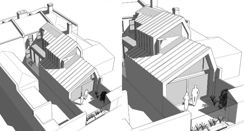 moderná architektúra - vizualizácia zadnej záhrady dom-renovovať-prestavať-zväčšiť-radový dom-vizualizácia-plán-kresba-architektúra