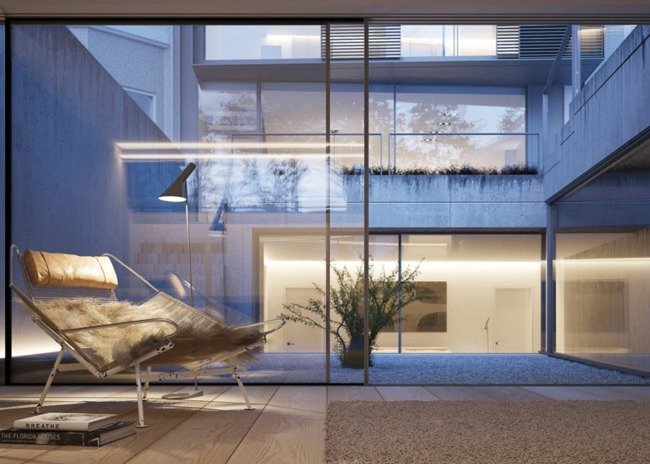 Japonský záhradný dvor so sklenenou fasádou