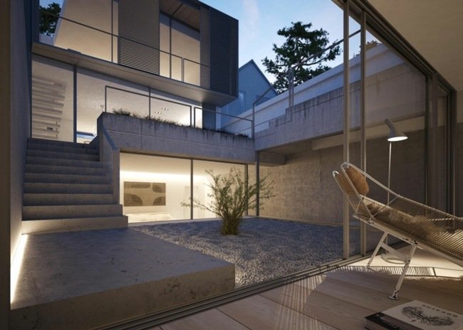 Dom betónová japonská záhrada kamienkové zapustené svetlá