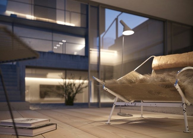 moderný masívny dom betónová podlaha kreslo nábytok strom