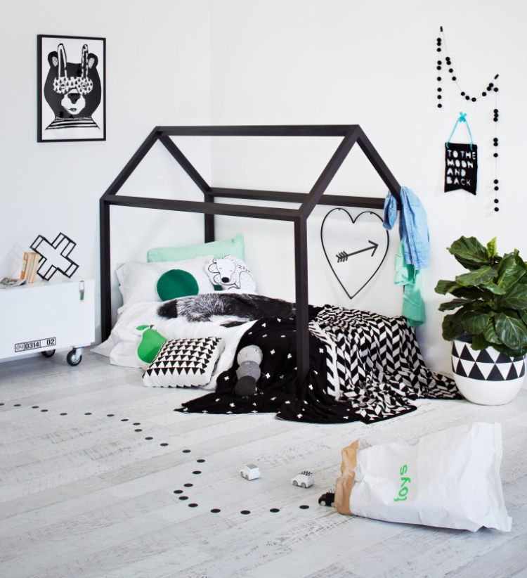 Domová posteľ pre deti Montessori nápady škôlky čiernobielo zelené dospievajúce deti školský vek rastú s vami