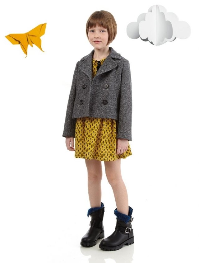 Značkové oblečenie do školskej sady fendi kabátov a sukní so vzorom dievčenská značka-oblečenie-do-školy-fendi-kabát-sukňa-vzorovaná-žlto-čierna