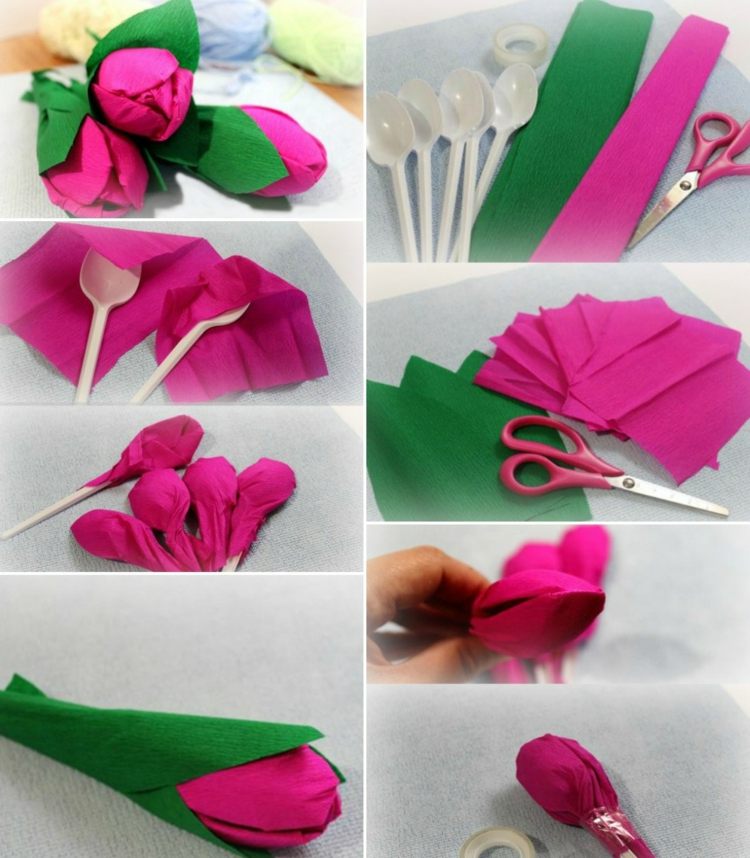 kvetináč-plastová lyžička-tulipán-deti-ľahký-krepový papier-ružový-zelený3d