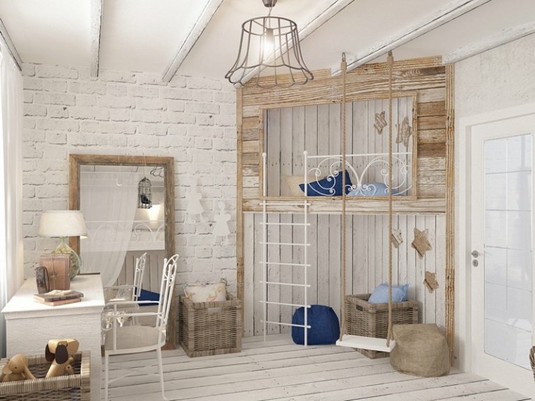 Biela tehlová stena a ihrisko detská izba biely kútik nápad rustikálny ošumělý štýl zrkadlo modré akcenty