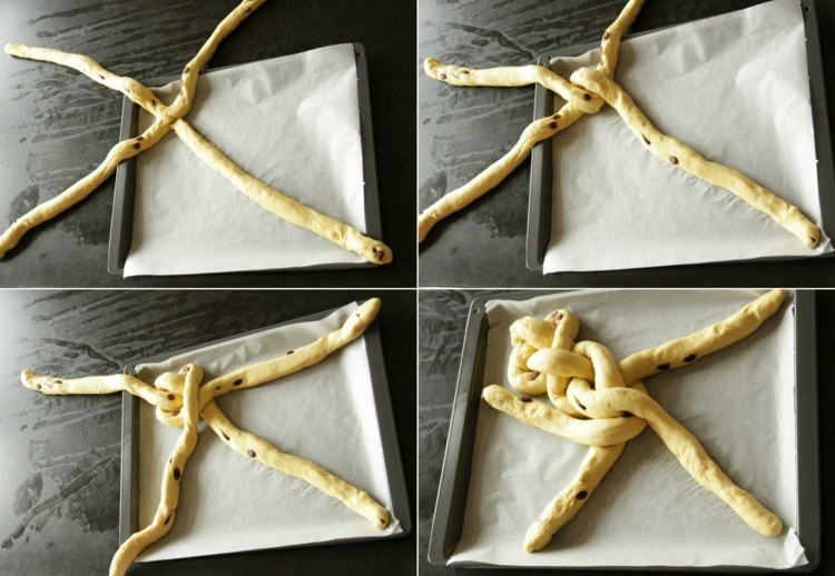 Pletené droždie-vrkoče-2-pramene-návod-pekáč-papier na pečenie-hrozienka-ingrediencia