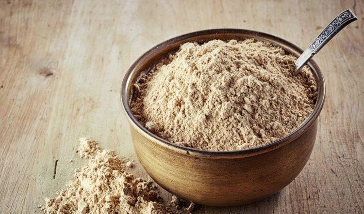 Maska z liečivej hlinenej misky-keramická-lyžička-prášok-hnedá-jemná starostlivosť o tvár