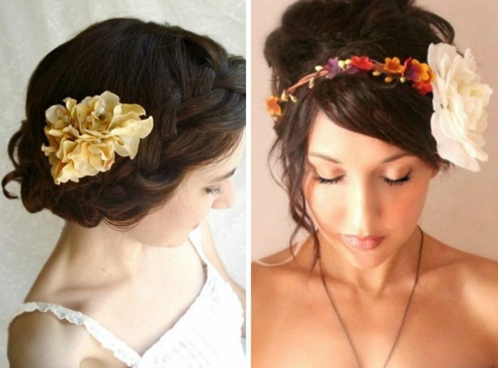 elegantné kvety vo vlasoch na svadbe náhrdelník s veľkým kvetom pre nevestu